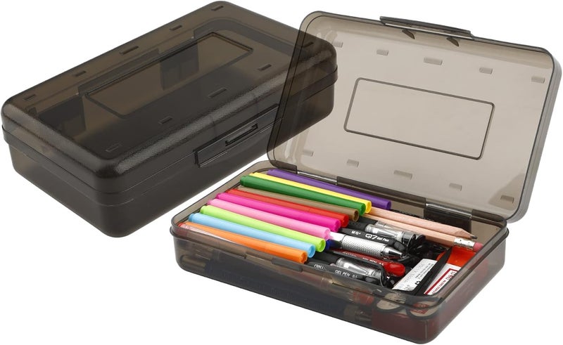 BOEIAC Pencil Box, Large Capacity Clear Pencil Case, 1 Pack Hard Pencil Case, Crayon Box with Snap-tight Lid Stackable Design, Plastic Storage Box for Office Supplies, Black - Image 1